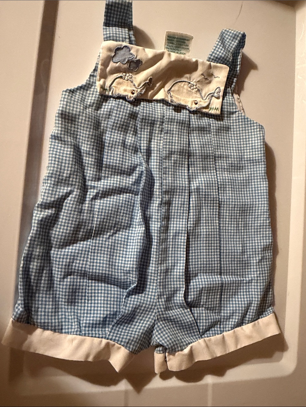 Blue Gingham Baby Romper with Ivory Trim -Vintage Alison Scott